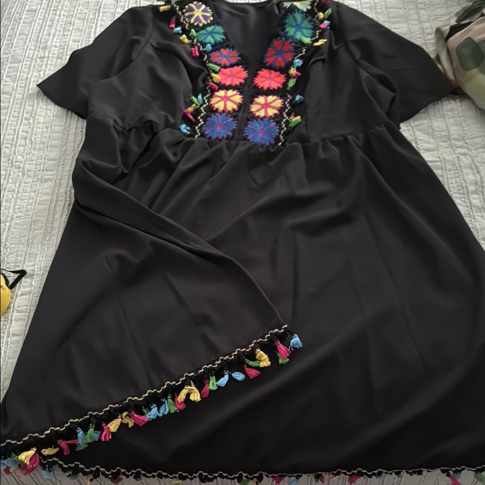 Embroidered Black Dress with Colorful Accents Womens Plus